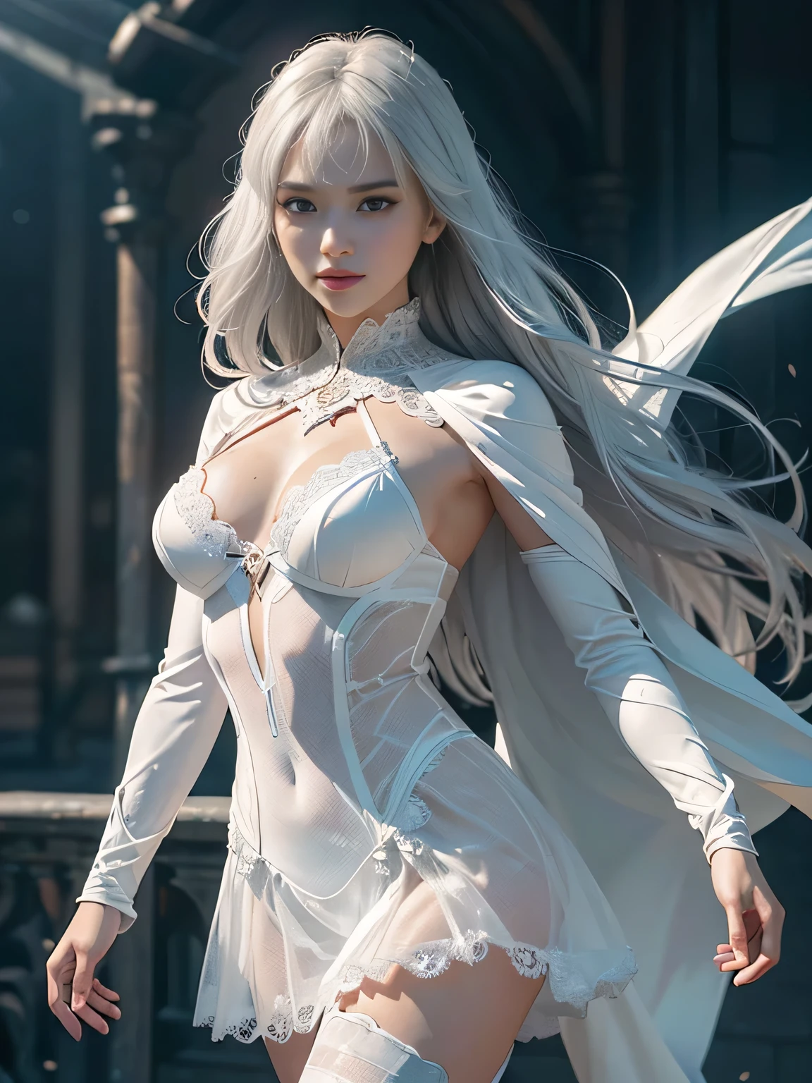 (Extremely detailed CG Unity 8K wallpaper，masterpiece，Highest image quality)，(Delicate light and shadow，This picture is very eye-catching，Lens Effects)，Girl in white spiderman costume，Silver gray hair，Ego Superman Parallel Universe，Wenger，Miracle，Mr. Turtle，Dynamic poses)，(Exceptional detail，Outstanding lighting effects，Wide angle)，(Excellent rendering，Enough to stand out from the crowd)，The focus is on the white Superman lace skirt，Complex texture,Various postures