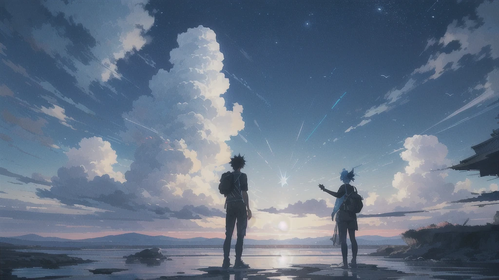 真っ暗なnight空,Octane, star (null), scenery, Blue parakeet,The acoustic guitar is in front of the body.,star, night, A girl and a boy standing back to back, Back view, alone, Outdoor, city,river,Blue parakeet,building, cloud, 天のriver,silhouette