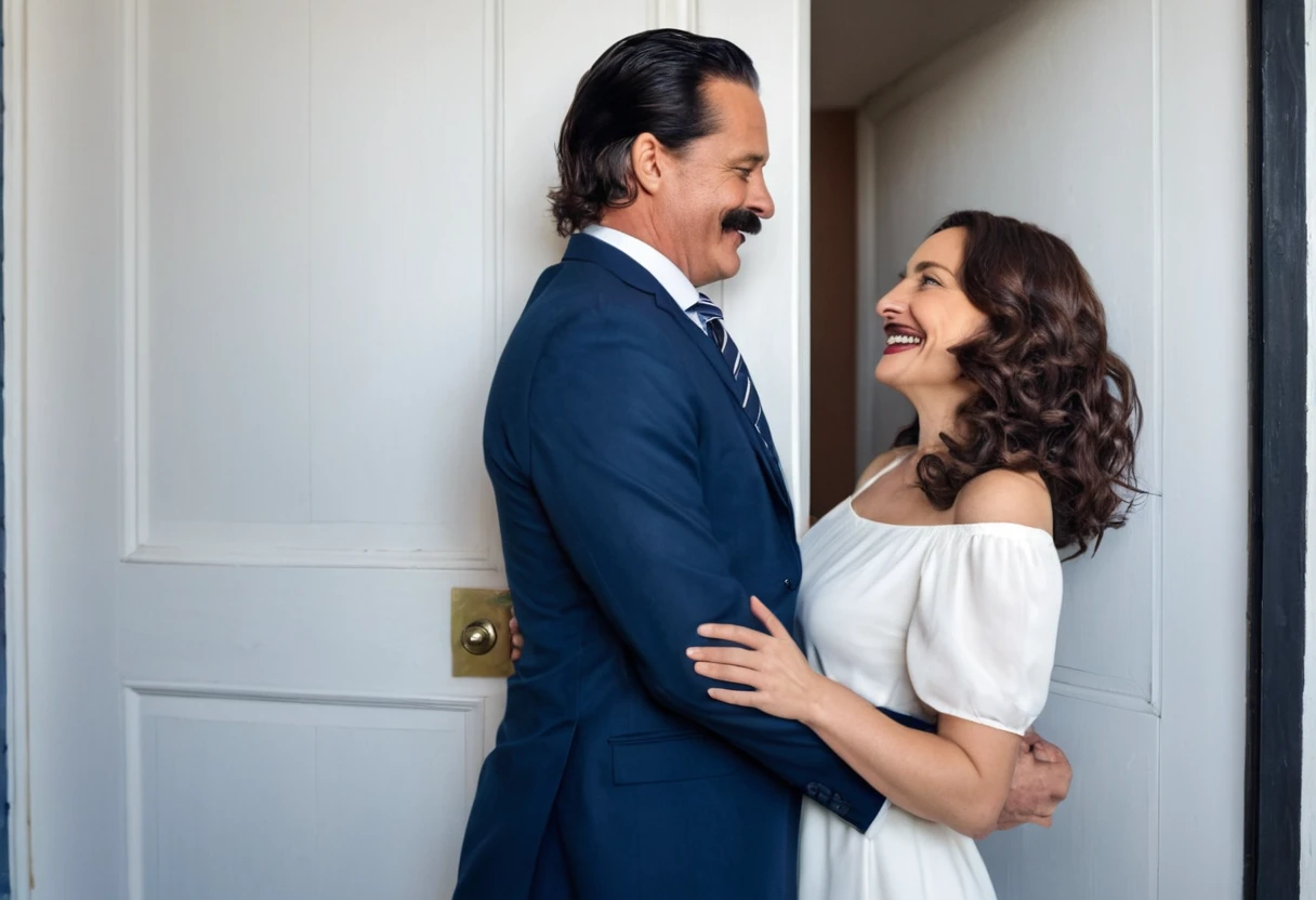 The man in his 45s with black very short hair and smooth face with moustache. The woman in her 45s with brown wavy long hair. The woman is wearing a white dress. The man is wearing a dark blue suit with tie. The man carries the woman in his arms. They are looking at each other with love. Smiling. They enter the door of the house. HDR. UHD. Cinematic.