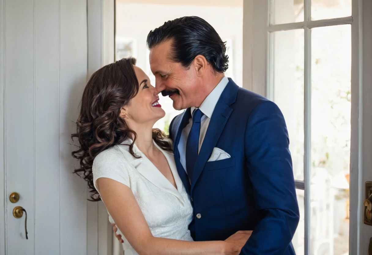The man in his 45s with black very short hair and smooth face with moustache. The woman in her 45s with brown wavy long hair. The woman is wearing a white dress. The man is wearing a dark blue suit with tie. The man carries the woman in his arms. They are looking at each other with love. Smiling. They enter the door of the house. HDR. UHD. Cinematic.
