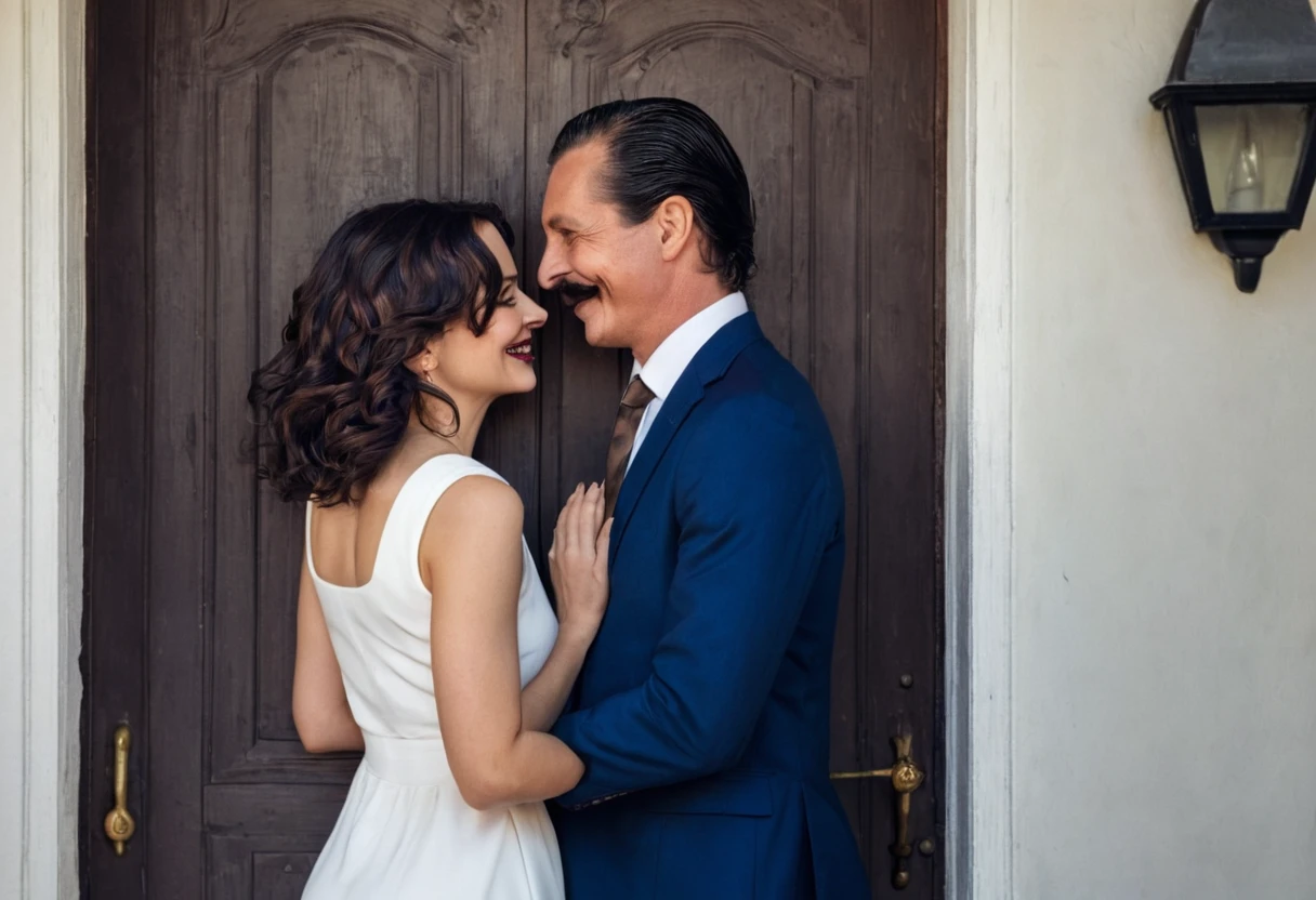 The man in his 45s with black very short hair and smooth face with moustache. The woman in her 45s with brown wavy long hair. The woman is wearing a white dress. The man is wearing a dark blue suit with tie. The man carries the woman in his arms. They are looking at each other with love. Smiling. They enter the door of the house. HDR. UHD. Cinematic.