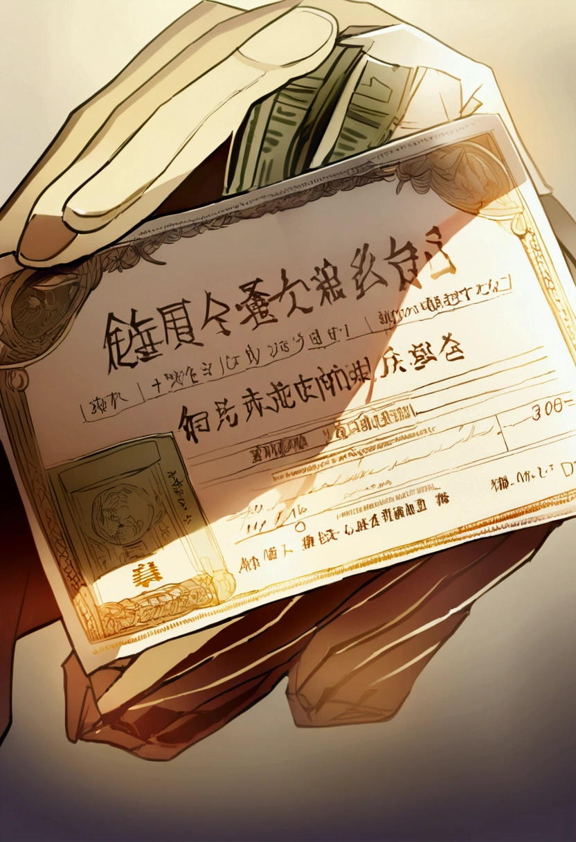 A close-up shot of a person's hand (mid-30s, neutral expression) holding a government bond certificate, with a small amount of money beside it, symbolizing the start of investment in Tesouro Direto. --ar 16:9