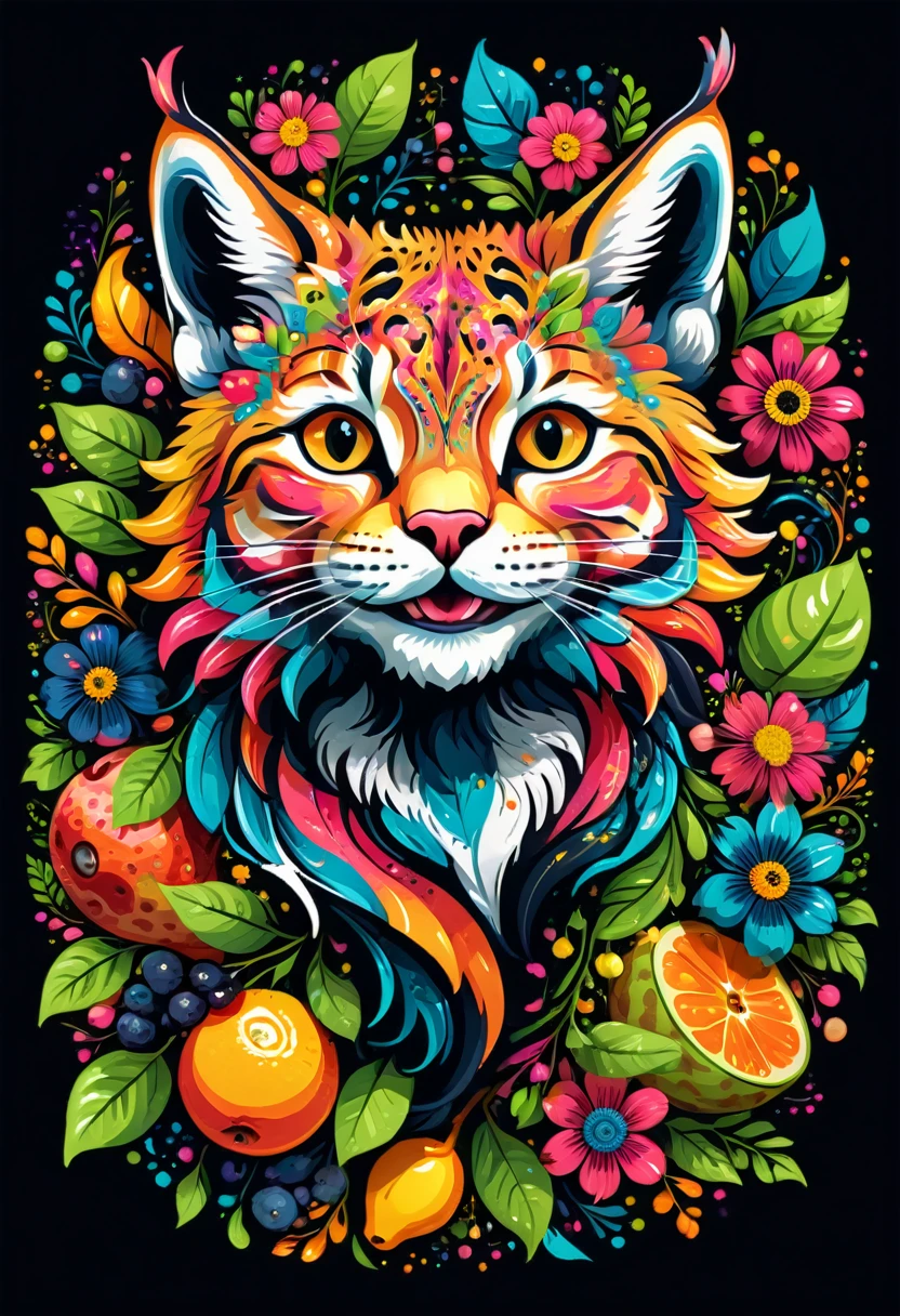  sticker, arte vetorial para  t shirt design, of a colorful illustration of a little smiling lynx, At the center, swirly vibrant colors, flowers, fruits, high détail,black backdrop, t shirt design.
(work of art, UHD quality, details in 16k, proffesional, perfect composition, very aesthetic, absurdrez, super verbose, details Intricate:1.3)