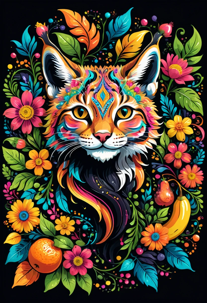  sticker, arte vetorial para  t shirt design, of a colorful illustration of a little smiling lynx, At the center, swirly vibrant colors, flowers, fruits, high détail,black backdrop, t shirt design.
(work of art, UHD quality, details in 16k, proffesional, perfect composition, very aesthetic, absurdrez, super verbose, details Intricate:1.3)