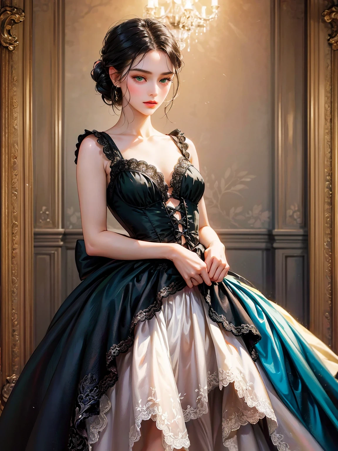 Repainting the black victorian dress. Background inside of a hall