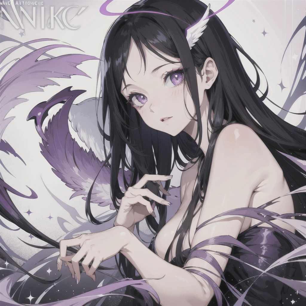 Night Beauty,One girl, Gaze, Black Hair, Angular hair, Purple eyes, Illustration effect for posters and magazines, Angel Halo, Illustration, 