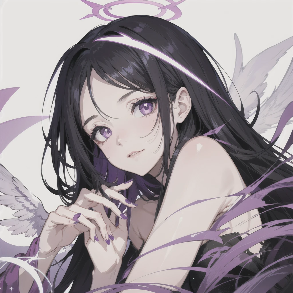 Night Beauty,One girl, Gaze, Black Hair, Angular hair, Purple eyes, Illustration effect for posters and magazines, Angel Halo, Illustration,