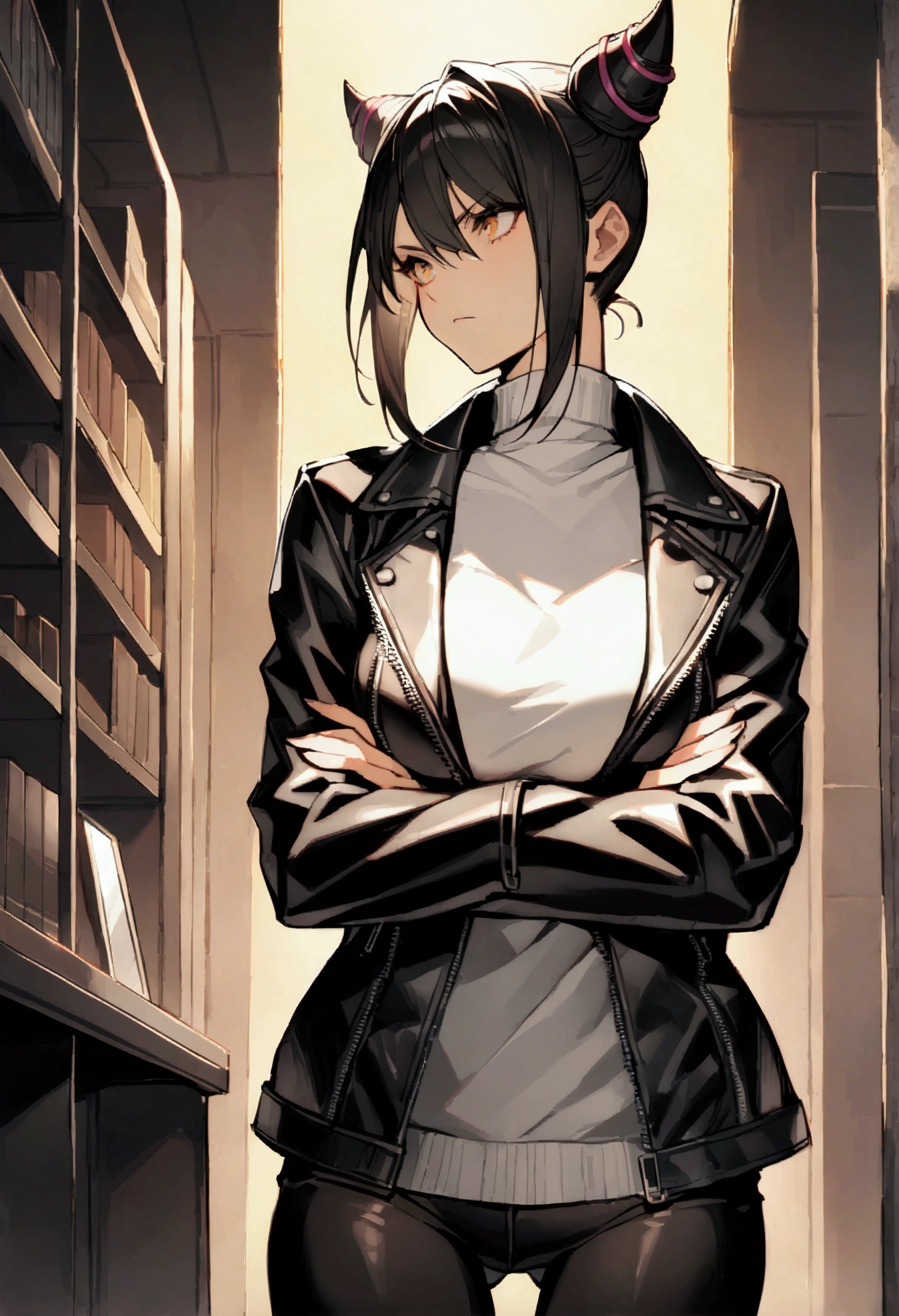 side profile, Han,beautiful young warrior , with a very detailed and beautiful face, gorgeous eyes, gorgeous eyes, gorgeous face, beautiful young woman wearing long black leggings with black details, usando leather jacket preta, standing in an office, wearing black boots, horn hair, with black fringe, , sorriso Malignant ,white sweater with strap around, serious look,usando leather jacket preto, leather jacket,staring overhead,yellow lighting, Malignant,crossed arms,side profile
