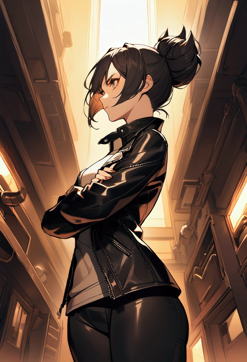 side profile, Han,beautiful young warrior , with a very detailed and beautiful face, gorgeous eyes, gorgeous eyes, gorgeous face, beautiful young woman wearing long black leggings with black details, usando leather jacket preta, standing in an office, wearing black boots, horn hair, with black fringe, , sorriso Malignant ,white sweater with strap around, serious look,usando leather jacket preto, leather jacket,staring overhead,yellow lighting,  Malignant,crossed arms,side profile
