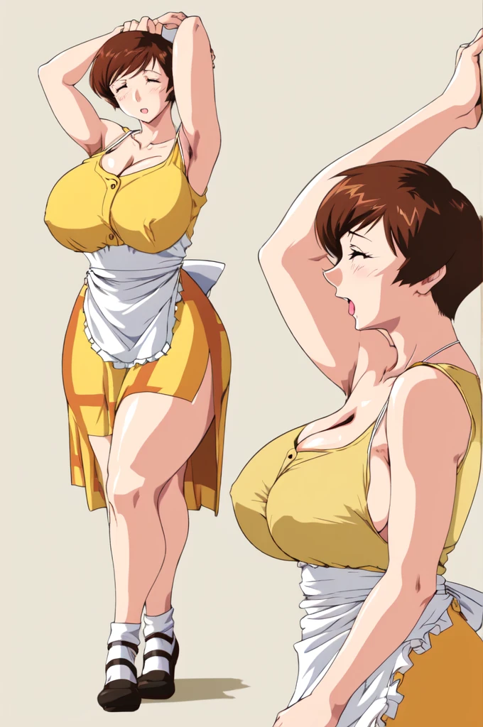masterpiece, highest quality, High resolution, One girl, solo, sexual intercourse, Pornographic images, short hair, etsukoto, brown Eyes, fine grain, fine grain, (((Thick thighs, Plump thighs, Voluptuous thighs, Thighs alone are enough))), ((Huge and ample breasts, Cleavage, big long breasts)), Naughty big,((big breasts are important))、((Naughty thighs)), L Cup, (thin:1.4),(Tight waist:1.4), (yellow dress:1.4), ((waist apron)), orgasm, orgasm, closed eyes, white panty, (((Simple Background))), ((Wide Hips)), Shiny, Oily skin, Mature mother, Calf, Seductive mature woman, milf, Perfect body, Plus Size Model, curvy, ample, etsukoto, blush, clavicle, retro artstyle, 1990s (style), (thick thighs:1.4), ((Bare legs)), (arms up:1.4), (from side:0.8),