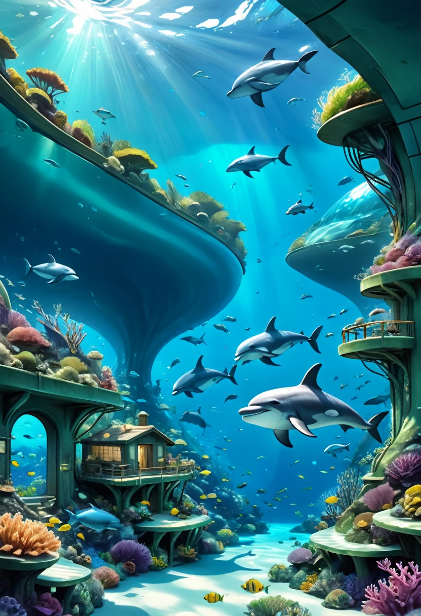Hyper-realistic digital painting of an eco-friendly underwater community designed to coexist harmoniously with marine life. The buildings are made of sustainable materials and are covered in living walls of seaweed and algae. Transparent domes protect communal gardens and recreational areas. Marine biologists and ocean conservationists go about their daily activities, surrounded by a thriving ecosystem of fish, dolphins, and whales. The scene highlights a perfect balance between human habitation and nature. Cinematic composition, trending on ArtStation.