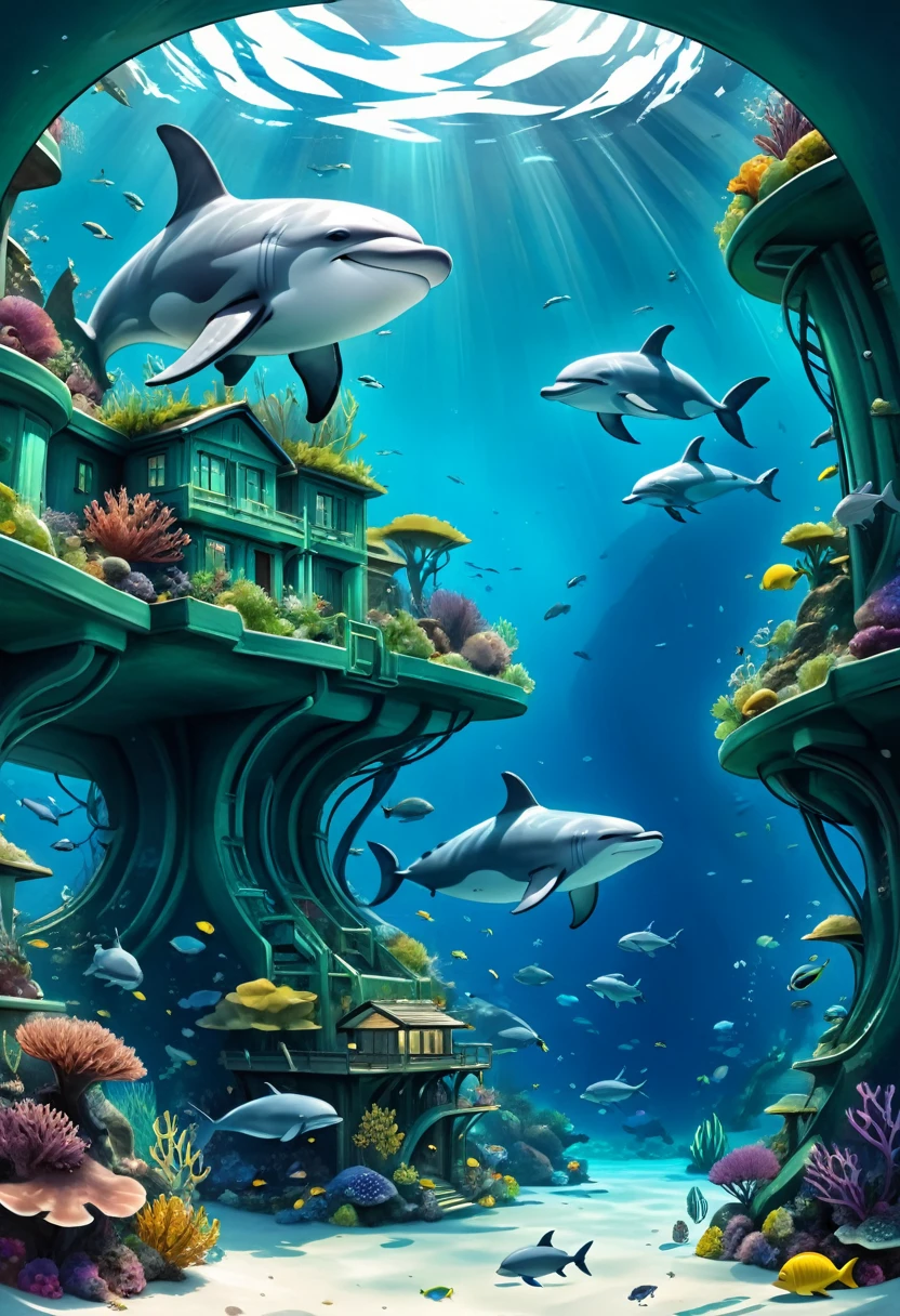 Hyper-realistic digital painting of an eco-friendly underwater community designed to coexist harmoniously with marine life. The buildings are made of sustainable materials and are covered in living walls of seaweed and algae. Transparent domes protect communal gardens and recreational areas. Marine biologists and ocean conservationists go about their daily activities, surrounded by a thriving ecosystem of fish, dolphins, and whales. The scene highlights a perfect balance between human habitation and nature. Cinematic composition, trending on ArtStation.