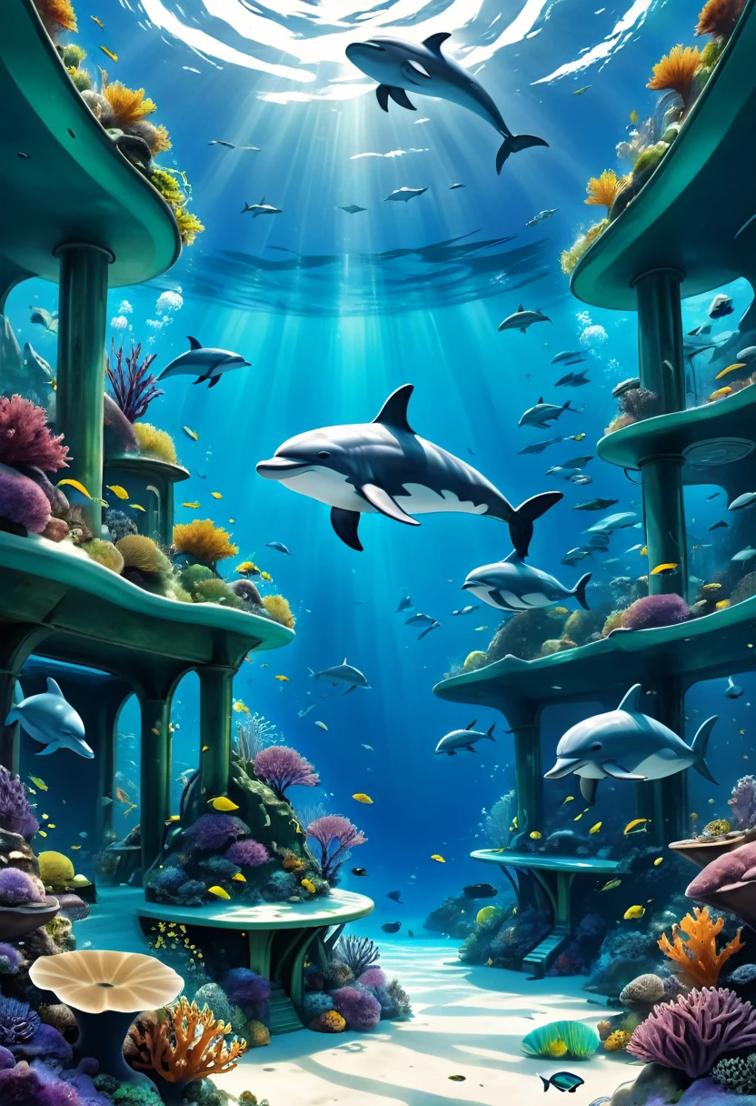Hyper-realistic digital painting of an eco-friendly underwater community designed to coexist harmoniously with marine life. The buildings are made of sustainable materials and are covered in living walls of seaweed and algae. Transparent domes protect communal gardens and recreational areas. Marine biologists and ocean conservationists go about their daily activities, surrounded by a thriving ecosystem of fish, dolphins, and whales. The scene highlights a perfect balance between human habitation and nature. Cinematic composition, trending on ArtStation.