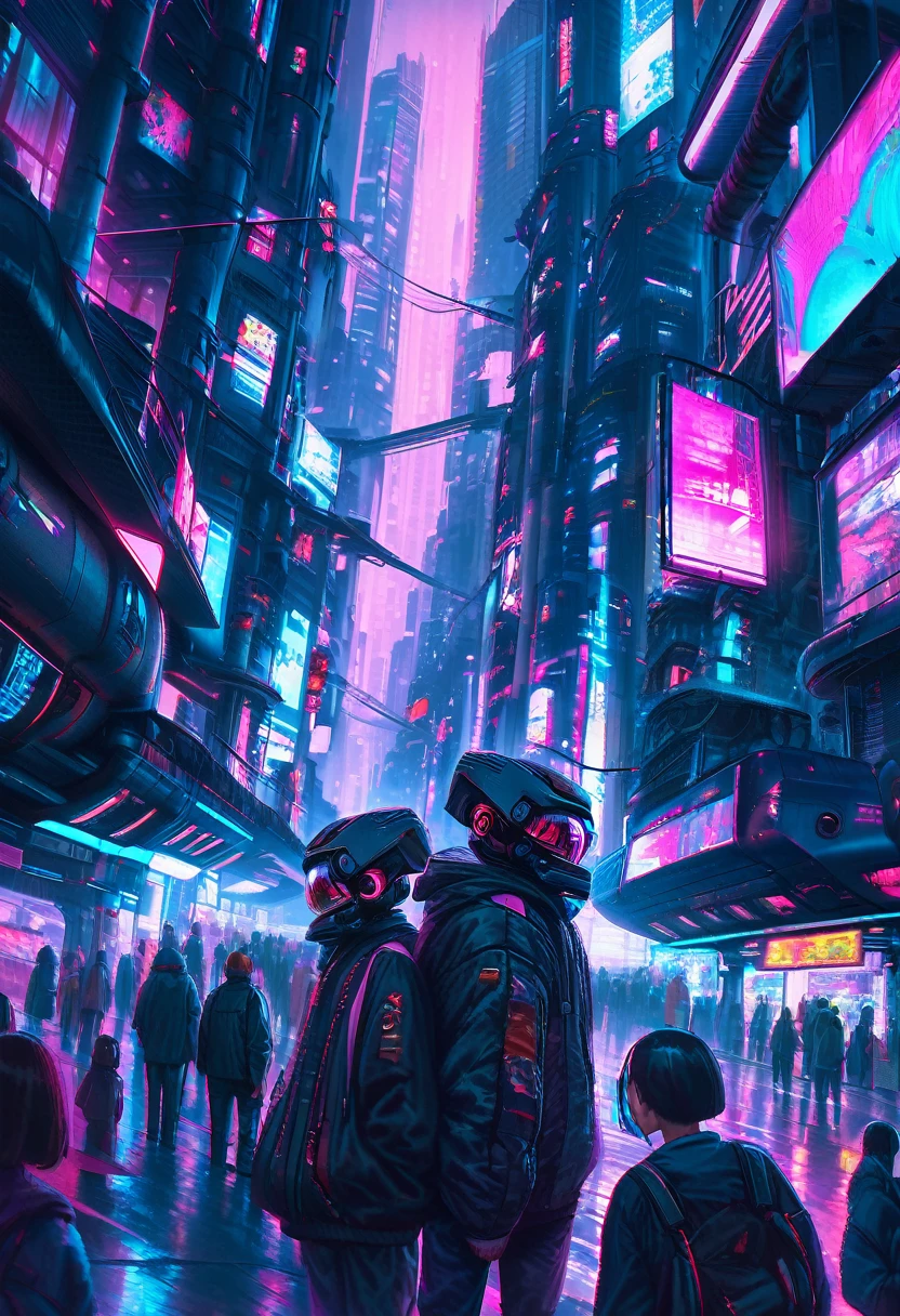 Urban Landscape: A cyberpunk cityscape at night, with towering skyscrapers and a monorail train gliding through the air. The train’s windows glow with a soft blue light, reflecting the neon signs and digital billboards. The streets below are crowded with people and robotic vendors, cyberpunk aesthetic, digital painting, ultra fine details, cinematic atmosphere