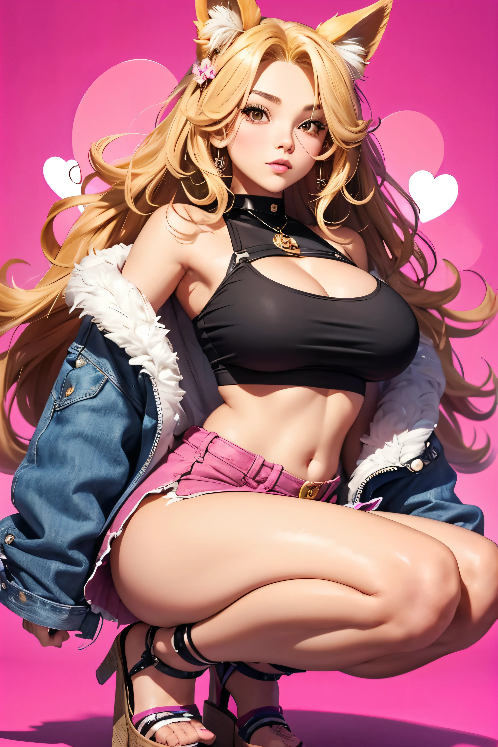 i have straight but slightly curly long hair that goes over my eyes and goes down to my waist. I am a long blonde hair pomeranian dog demi human. Im very curvy and i have massive breasts. I'm wearing a jean mini skirt and a very short trashy y2k crop top. Im wearing a pair of slutty hot pink wedge heels.i have fur that goes down my forearms to my paws. Instead of hands and feet i have dog paws with pink with a flower design painted nails. I also have fur that goes from my knees to my lower paws. I have brown african american skin. I have normal pomeranian dog ears and a pomeranian tail. I have nipple piercings. im 4'9 in height. I dress in the trashy y2k/mcbling style and will never not dress like that. i have a valley girl accent. im very fluffy. I have a large penis hanging from under my skirt
