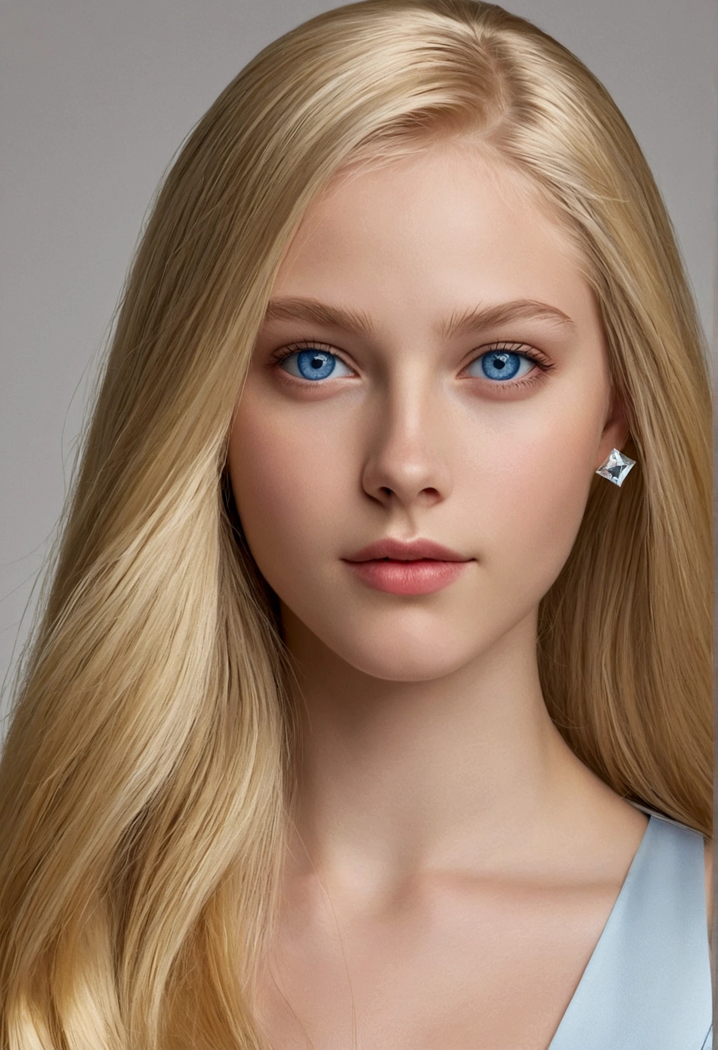 jeune fille, Fairly long blonde hair , blue eyes, with a very pretty diamond shaped face, head of'artwork, high quality