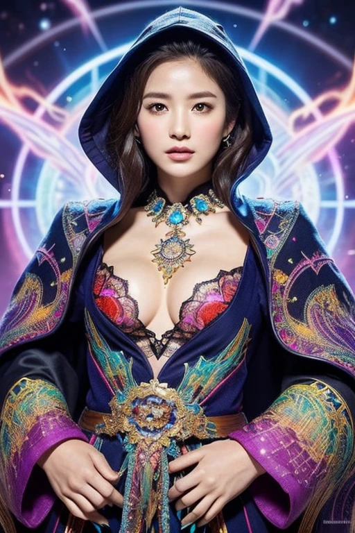 Super hot gorgeous Japanese women、Full Body Portrait、With glowing sleeves and hood、Wearing a long dress with random color fractal patterns, Flowing magical robes, Roomy robes, Casting Multicolored Spells, dark Roomy robes,Flowing magical robes, Colorful Robes, Fantasy robes, Woman in cloak, magician, a beautiful magician, Vivid fantasy style, (((Fractal pattern background))). Perfect Anatomy, Perfect Hair, Perfect breasts, Perfect body, Perfect hands, Perfect Face, Perfect Eyes, Accurate, Anatomically correct, Perfectly clear and sharp focus, Ultra-high resolution, masterpiece, Ultra-realistic 、(Fantasiato)、Professional lighting on the face