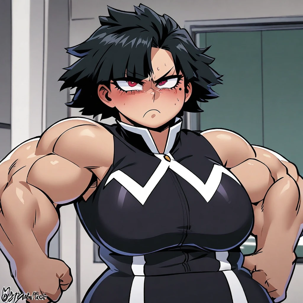One girl, my hero academia uniform, siren eyes, dark red eye color, muscular arms, long jet black hair with bangs, plump breast’s, irritated frown, lesbian, dominant, High Resolution, Mole Under Eye, Devil Pupils, Tsundere, faded scare over right eye, my hero academia style