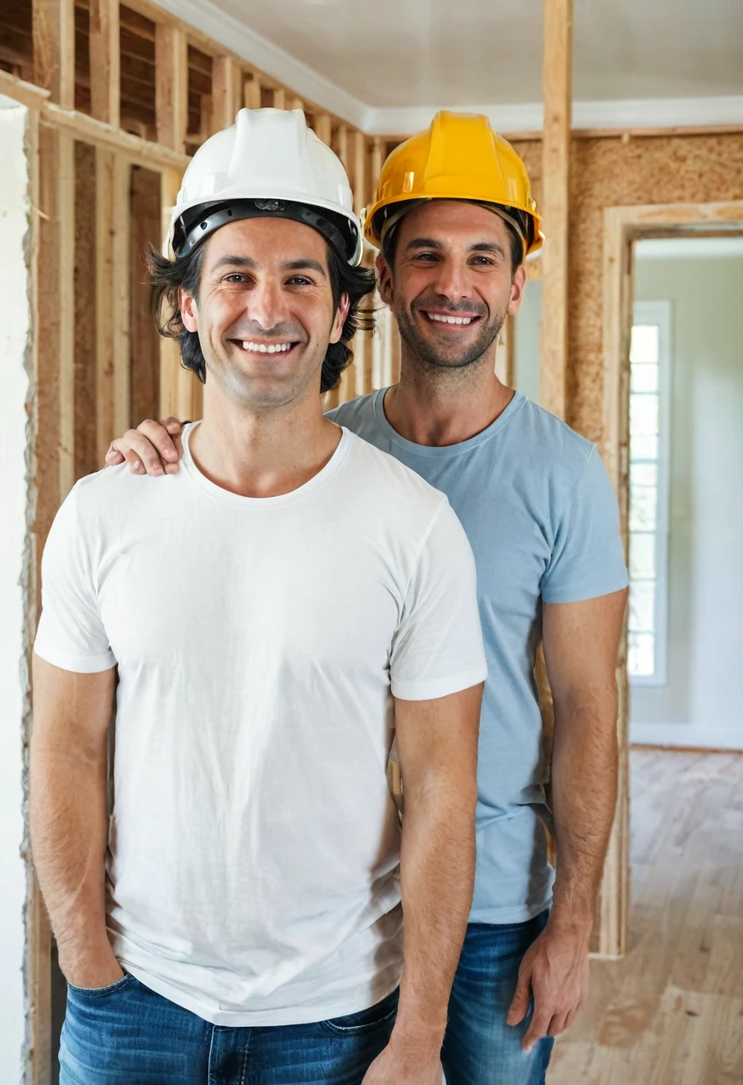 two men back to back, AS FRIENDS, with construction helmets, in a finished house under construction
