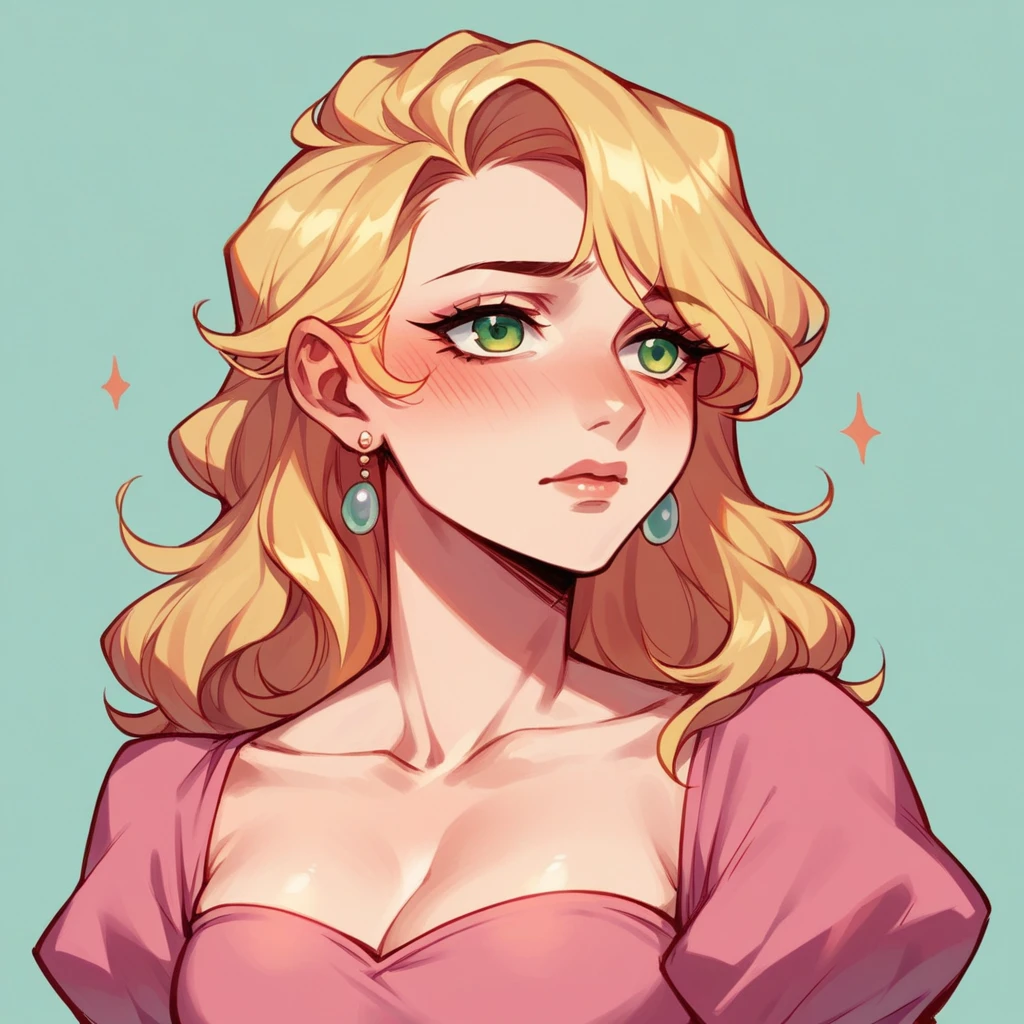 rich girl, blonde hair, pink dress, delicate, blushing, green eyes, the rich girl has 50s style hair, she is capricious but she is a good person, she dresses femininely and elegantly