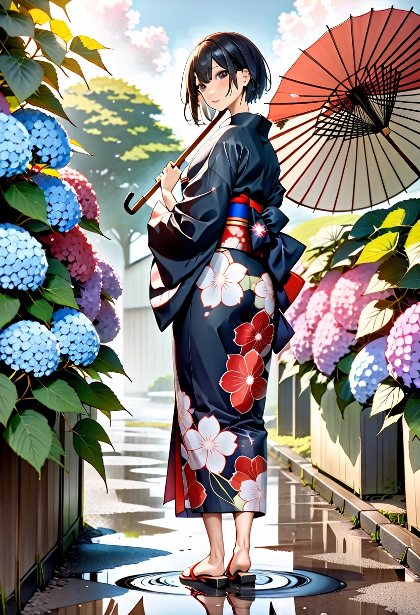 (One japanese woman:1.5), (Adult japanese women:1.5), (slender body:1.3), Black Hair, Black eye, Super short hair, Wearing a floral pattern japanese yukata, The hem of the yukata is long, Holding a Japanese umbrella, wearing red japanese sandals, Backshot, Look back at the camera, Hydrangea below half of the foreground, Sky after rain, Puddle on the ground