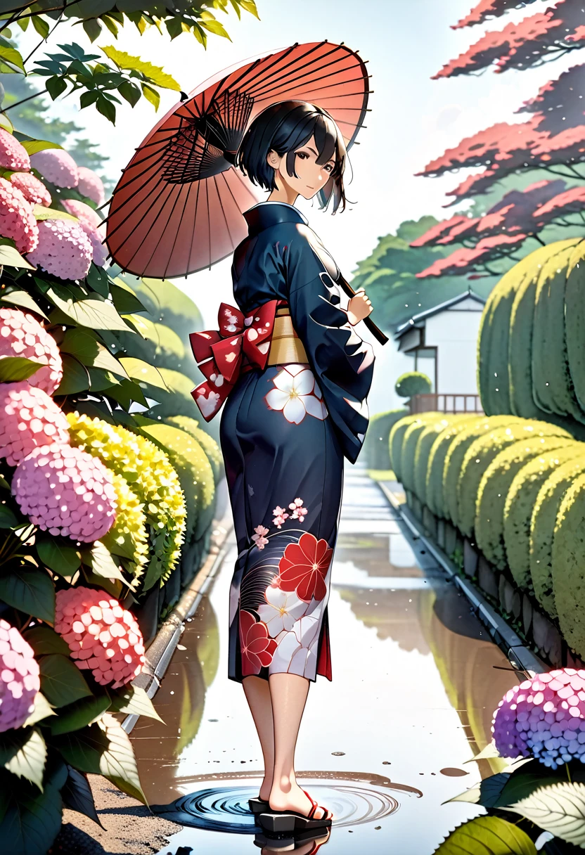 (One japanese woman:1.5), (Adult japanese women:1.5), (slender body:1.3), Black Hair, Black eye, Super short hair, Wearing a floral pattern japanese yukata, The hem of the yukata is long, Holding a Japanese umbrella, wearing red japanese sandals, Backshot, Look back at the camera, Hydrangea below half of the foreground, Sky after rain, Puddle on the ground