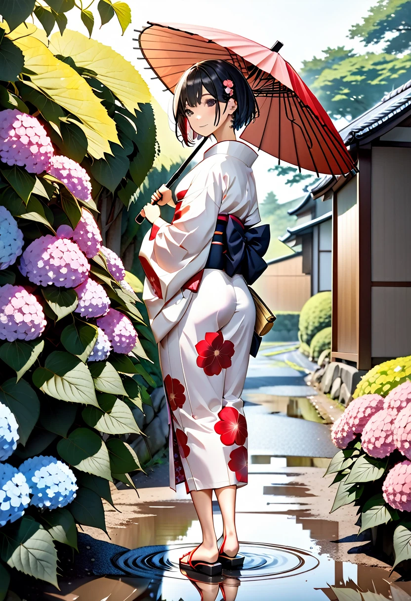 (One japanese woman:1.5), (Adult japanese women:1.5), (slender body:1.3), Black Hair, Black eye, Super short hair, Wearing a floral pattern japanese yukata, The hem of the yukata is long, Holding a Japanese umbrella, wearing red japanese sandals, Backshot, Look back at the camera, Hydrangea below half of the foreground, Sky after rain, Puddle on the ground