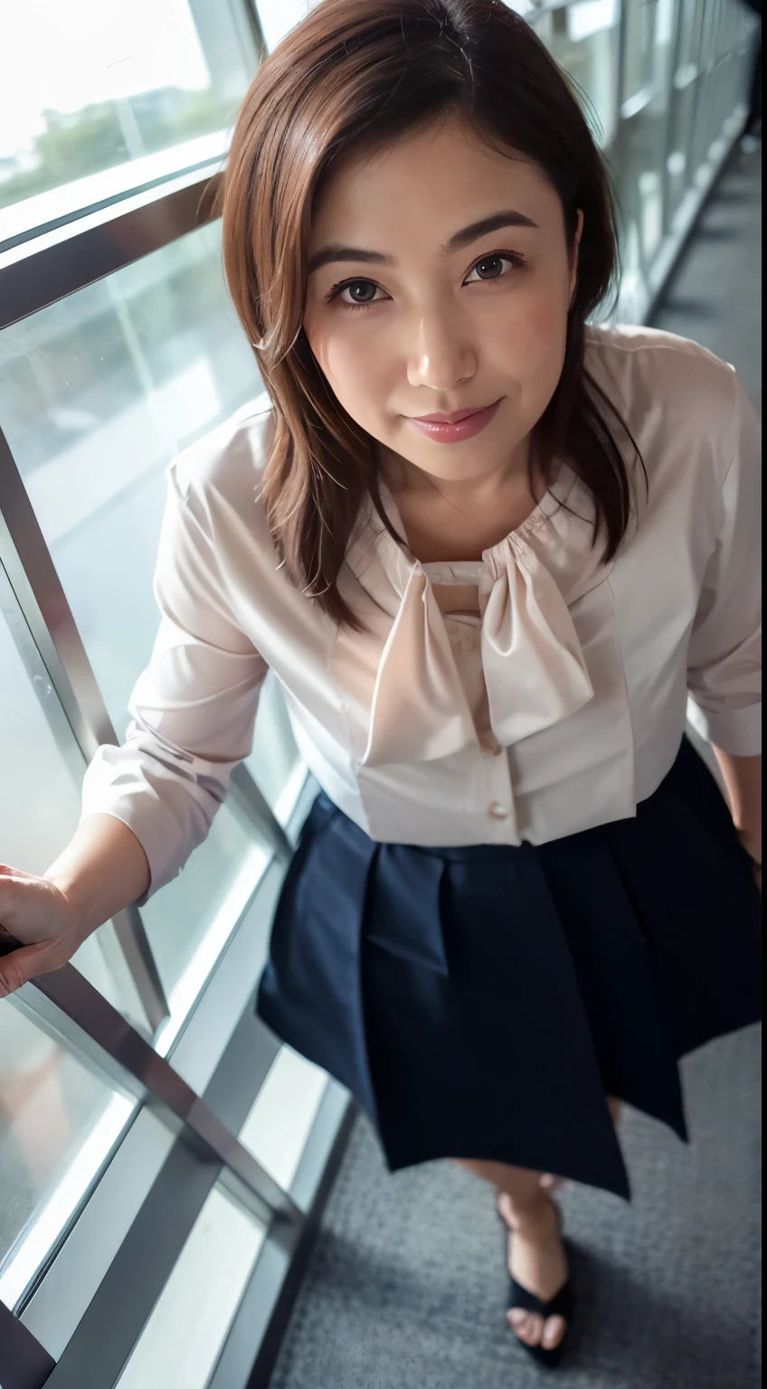  (8k, Highest quality, masterpiece:1.2), (Realistic, photo-Realistic:1.37), (High color saturation:1.0),  (Very detailed肌), (Highest quality:1.0), (Ultra-high resolution:1.0) ,(Realistic:1.0), (Very detailed:1.0), (8k, RAW Photos:1.1)、Standing Random Pose, smile, Natural Breasts, Perfect lighting, 36 only, (mysterious), Clear and detailed, ((Japanese_office_uniform, flare skirt, sexy_blouse)), (indoor office, escalator), Surprised face, ((See the viewer behind)), ((Low angle photo)), panties, 