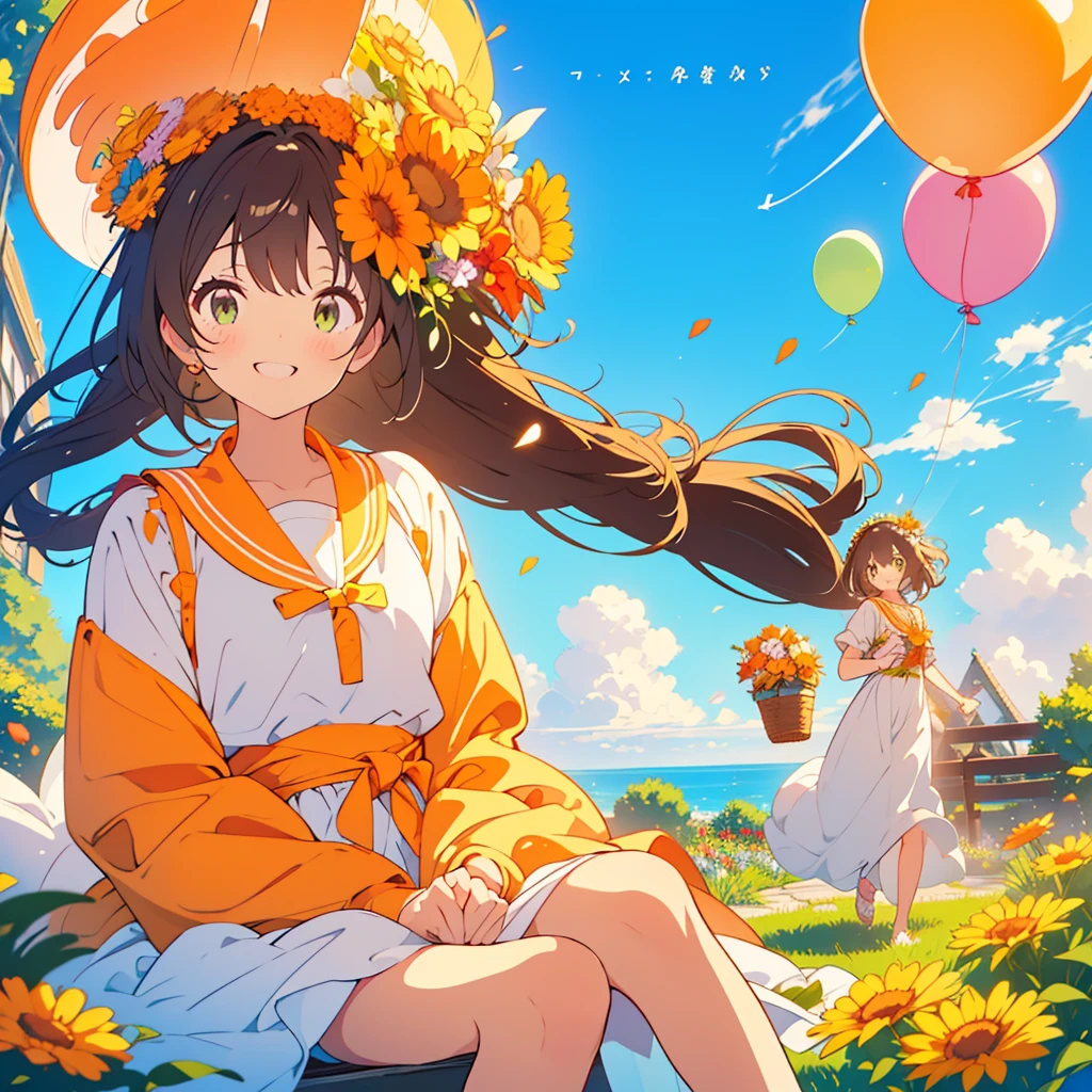 kawaii, anime, Cute, hyper quality, highly detailed, 8k, Clarity, dark brown long hair, smile, green eyes, small orange marigold, small marigold flower garden, wear a flower crown, sit on a flowering hill, colorful balloons, balloons are flying in the sky, flower garden, morning dew, Shining light, particles of light, dazzling smile, Draw facial expressions in detail, Draw the eyes in detail, pure white wedding dress, A breeze flows, Marigold petals dance, A large number of balloons fly into the sky, look up at the sky, A dynamic posture, balloon, clear blue sky, the bird flaps its wings, happy birthday, blue sky, clear sky, rainbow colored balloons, colorful balloons, release a large number of balloons into the sky, upper body, hold one's hand in the sky,