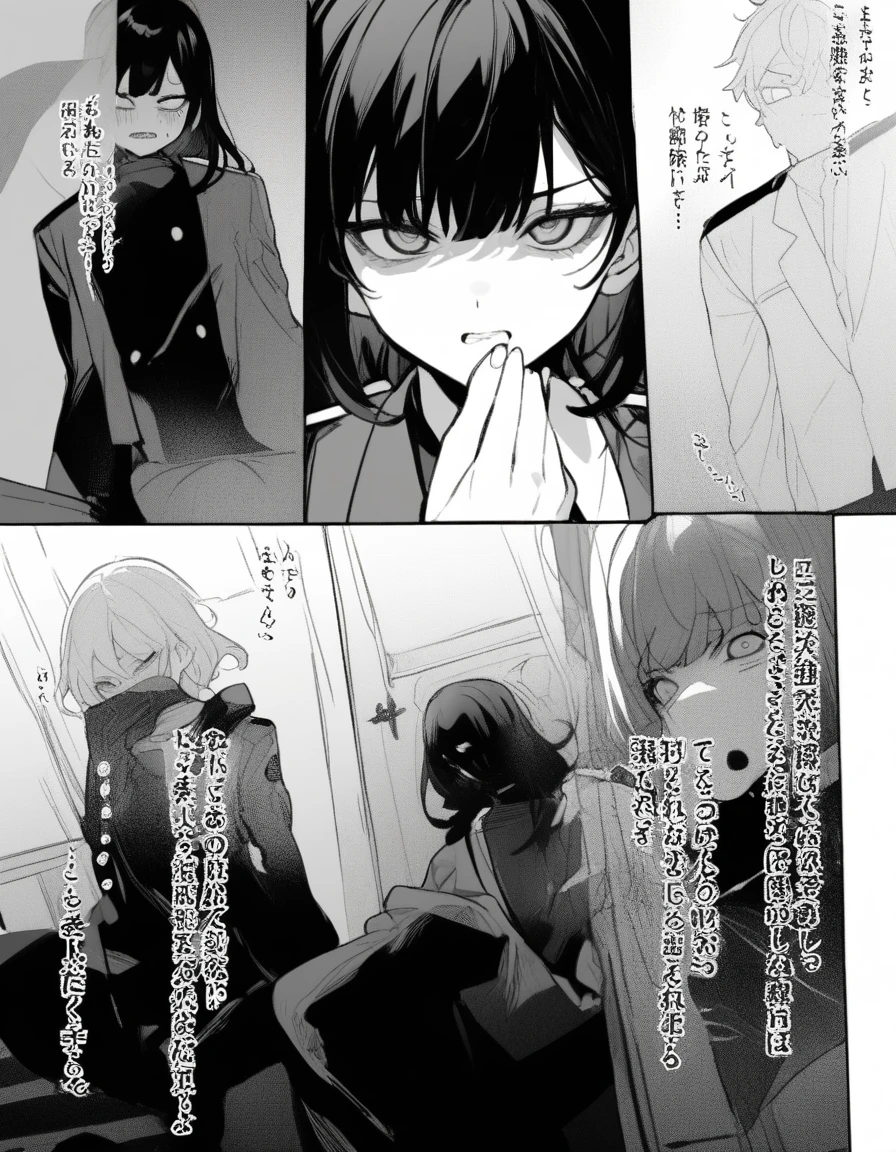 high school student、uniform、whole body,Slanted Eyes、aggressive、Narrow eyes:1.5、Bad mood、newest、Black and White、Lack of color、tone、Hold your hand over your mouth in surprise、Monochrome,Only the face is turned to the side、Cross-legged、
