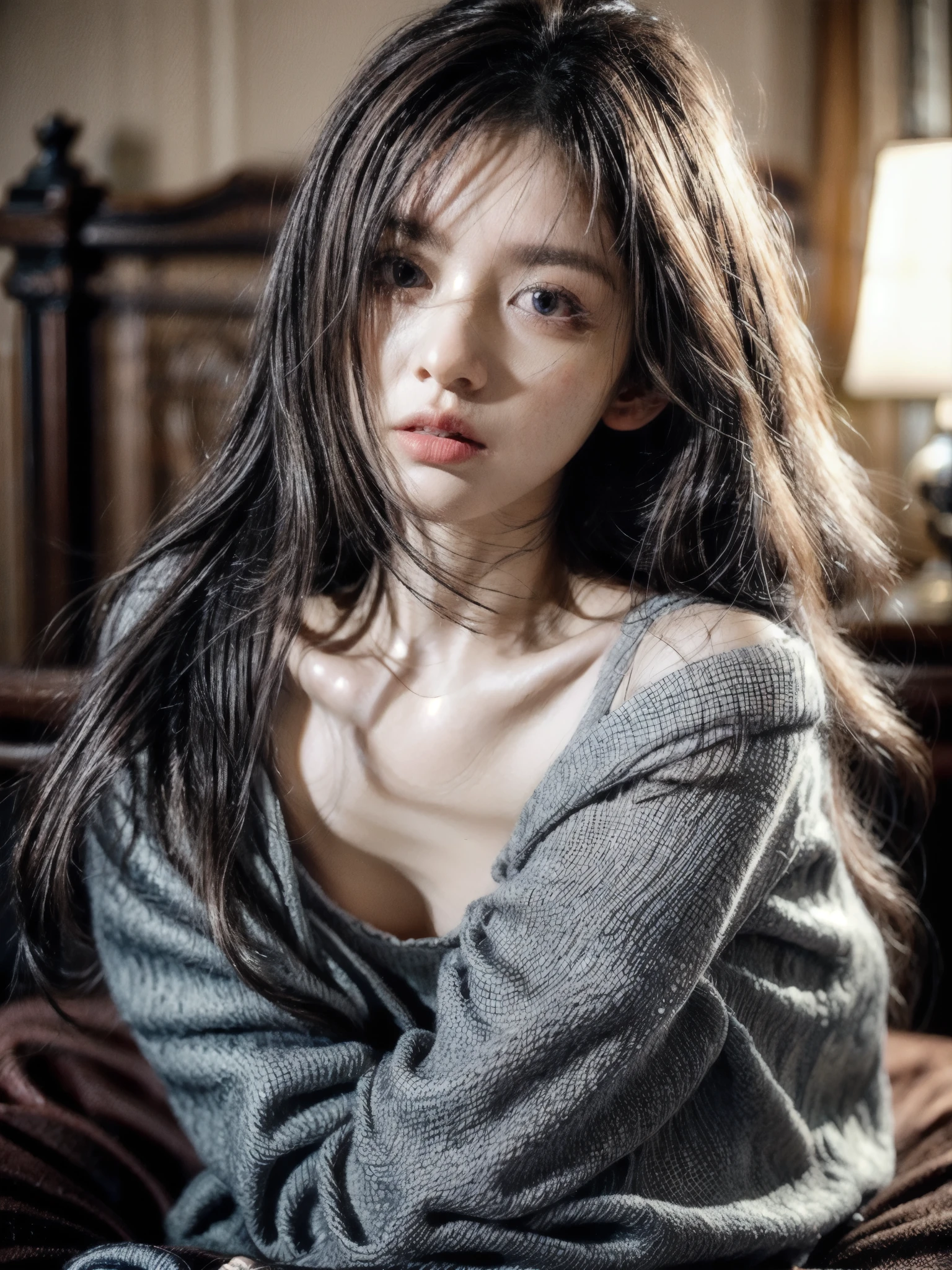 (masterpiece), best quality, high resolution, (realistic), beautiful detailed eyes:, extremely detailed face, perfect lighting, extremely detailed CG,
1girl, black_eyes, black_hair, in bed, brown_eyes, brown_hair, lips, long_hair, nose, photorealistic, realistic, red_lips, solo, upper_body, sleeves_past_wrists, straddle in bed,