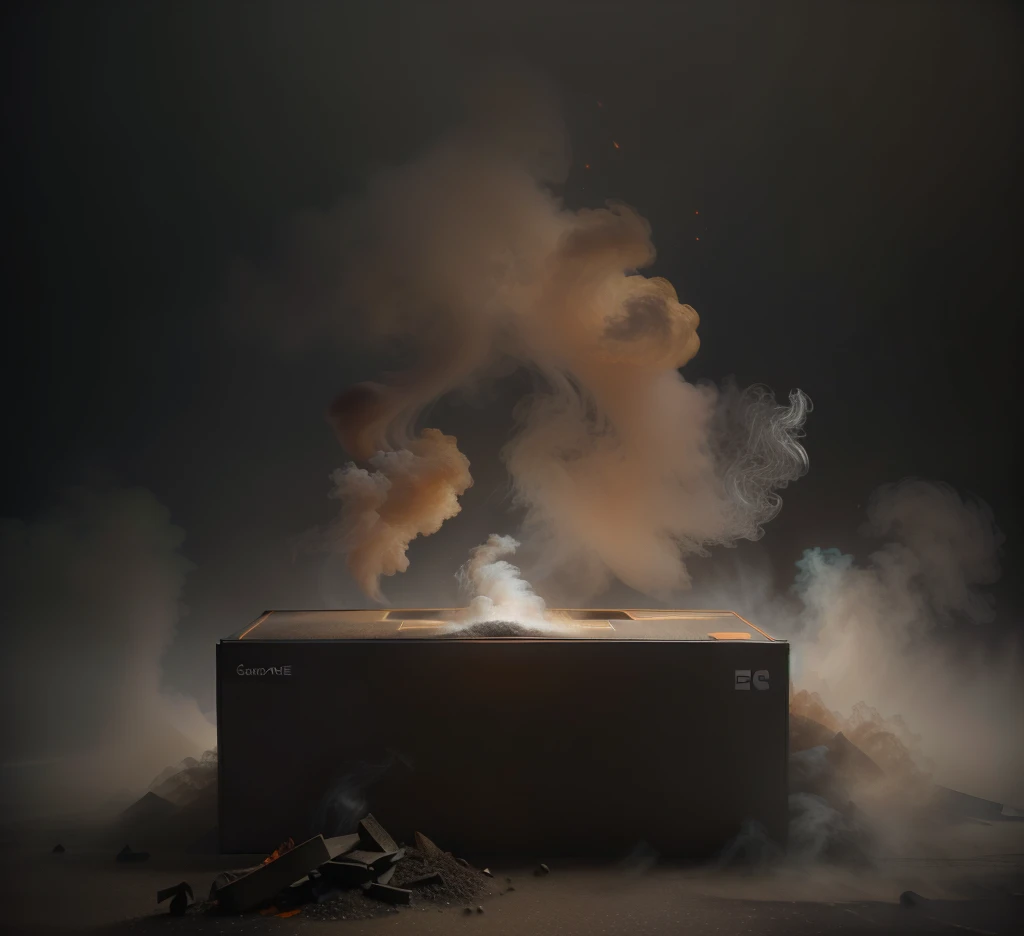 smoke comes out of a box in the dark, Octane render. fog, volumetric fog and smoke, melting volumetric smoke and fog, smoke and volumetric fog, background of dirt and smoke, smoke and orange volumetric fog, dense volumetric fog, volumetric light fog, dark and smoky background, floating dust particles, viscous volumetric smoke