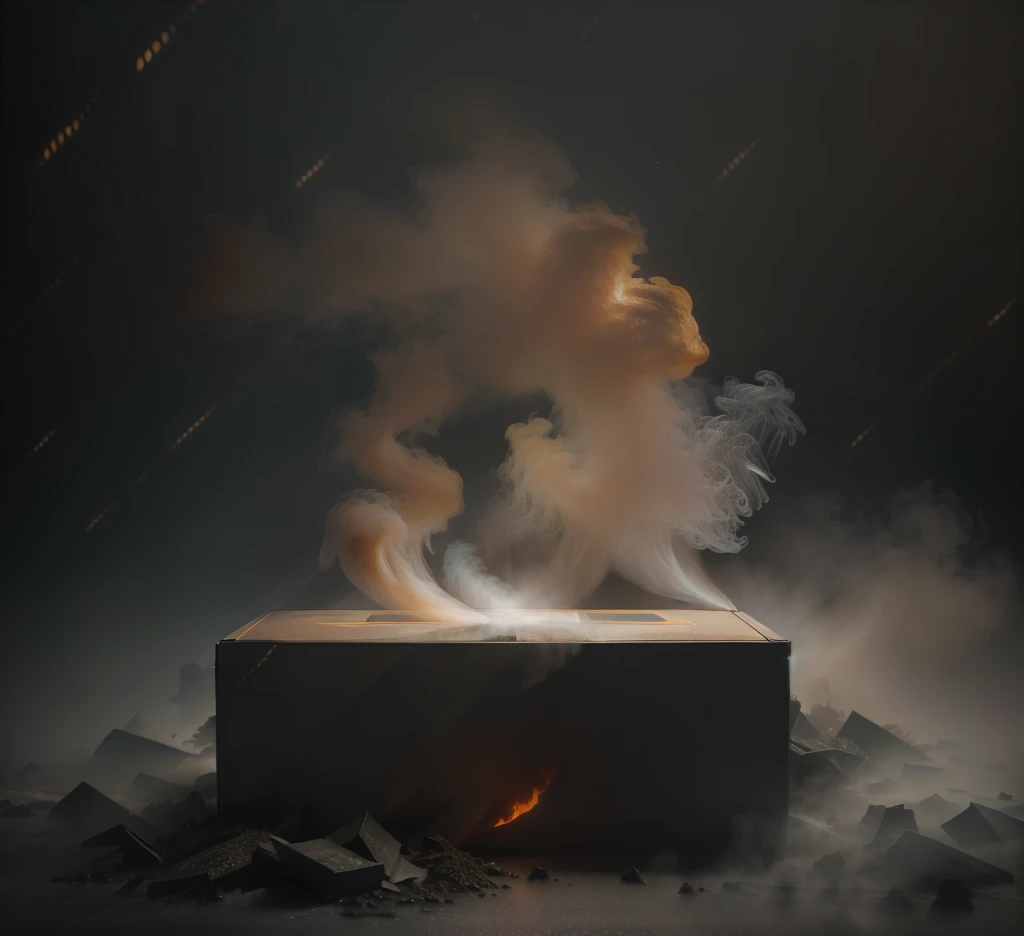 smoke comes out of a box in the dark, Octane render. fog, volumetric fog and smoke, melting volumetric smoke and fog, smoke and volumetric fog, background of dirt and smoke, smoke and orange volumetric fog, dense volumetric fog, volumetric light fog, dark and smoky background, floating dust particles, viscous volumetric smoke
