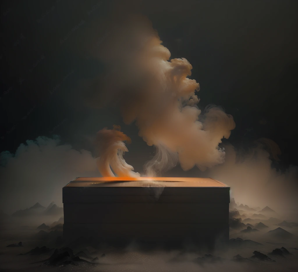 smoke comes out of a box in the dark, Octane render. fog, volumetric fog and smoke, melting volumetric smoke and fog, smoke and volumetric fog, background of dirt and smoke, smoke and orange volumetric fog, dense volumetric fog, volumetric light fog, dark and smoky background, floating dust particles, viscous volumetric smoke
