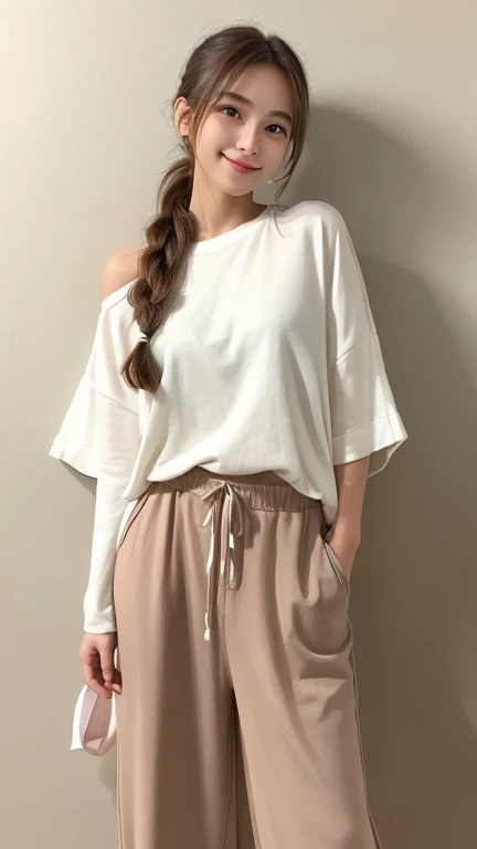 A young woman with shoulder-length, wavy brown hair tied in a loose ponytail、Pastel colored wide pants and oversized shirt、I'm wearing white sneakers。So that your whole body can be seen、She is standing in a relaxed pose with one leg slightly bent.、Smiling brightly。Have a naturally glowing skin。The background is softly lit、Creating a warm and comfortable atmosphere。The overall mood is light and calm.。Please use photo-realistic images。