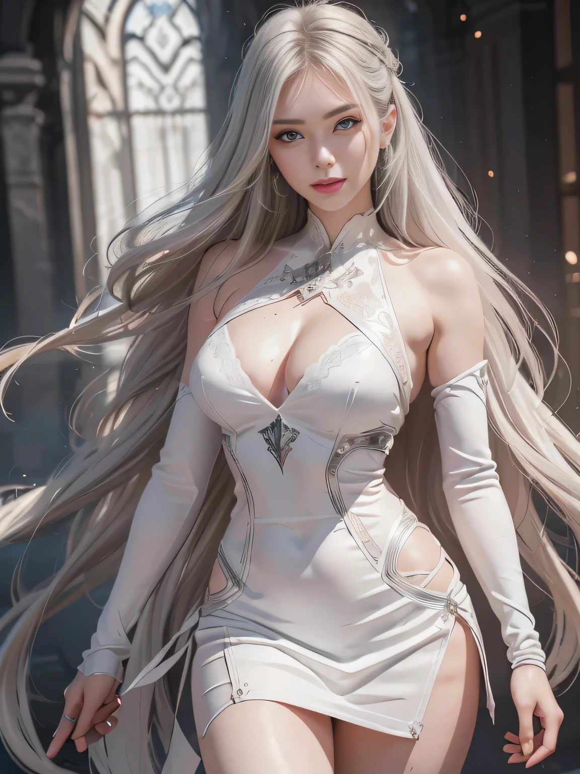 (Extremely detailed CG Unity 8K wallpaper,masterpiece,Highest image quality),(Delicate light and shadow,This picture is very eye-catching,Lens Effects),Girl in white warrior costume,Silver gray hair,Ego Superman Parallel Universe,Wenger,Miracle,Mr. Turtle,Dynamic poses),(Exceptional detail,Outstanding lighting effects,Wide angle),(Excellent rendering,Enough to stand out from the crowd),The focus is on the white Superman lace skirt,Complex texture,Various postures