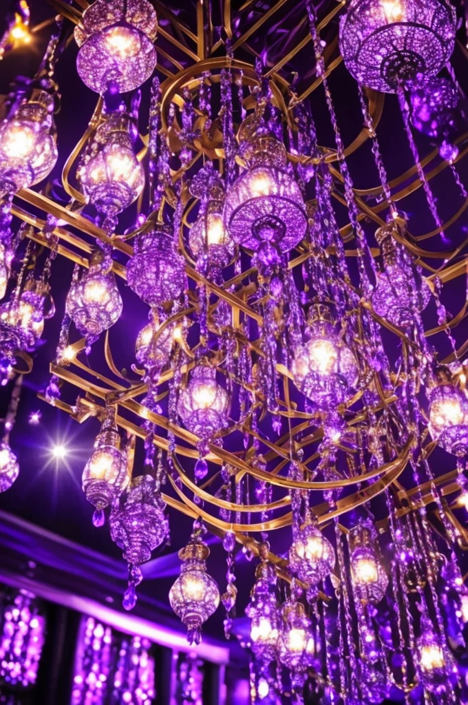 a close up of a chandelier with many purple lights, purple lights, cool purple lighting, moody lights!! intricate, glowing lights!! intricate, arabian nights inspired, blue and purle lighting, blue lights and purple lights, purple, extremely moody purple lighting, purple color lighting, beautiful lights, beautiful lit lamps, purple lighting, extremely beautiful lighting, beautiful lighting