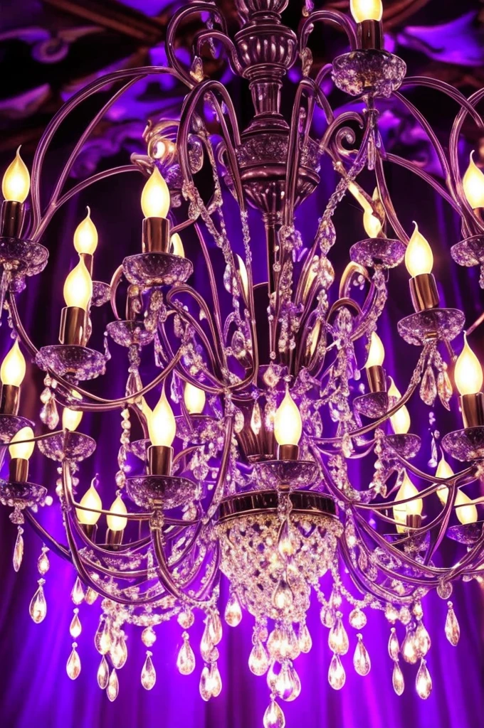 a close up of a chandelier with many purple lights, purple lights, cool purple lighting, moody lights!! intricate, glowing lights!! intricate, arabian nights inspired, blue and purle lighting, blue lights and purple lights, purple, extremely moody purple lighting, purple color lighting, beautiful lights, beautiful lit lamps, purple lighting, extremely beautiful lighting, beautiful lighting