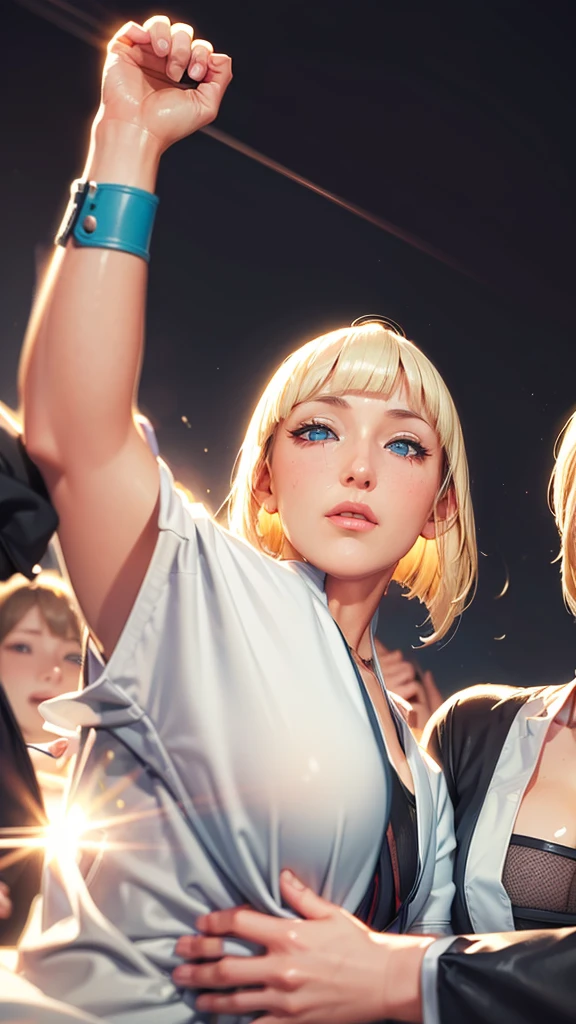 (((Perfect body,White and tender skin,(((BLACK KIMONO, CLEAVAGE, VAMBRACES,))),(((Samui, blue eyes, blonde hair, short hair, bangs, blunt bangs,))),((masterpiece)),high resolution, ((Best quality at best)),masterpiece,quality,Best quality,((( Exquisite facial features,Looking at the audience,There is light in the eyes,blush,Happy,lol))),Look up at the sky,Raise a hand,From below))),(((Light and shadow,Huge breasts))),(((Looking at the camera,black background,)))),