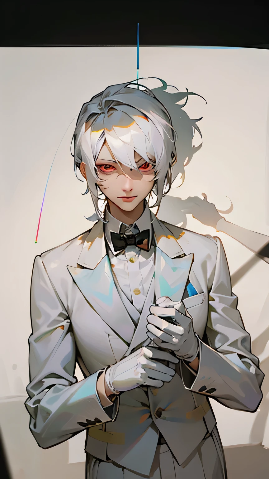 Coloring the line drawing,White hair,Blue tuxedo,White gloves,Red eyes,Brown binoculars around the neck,detail,Light and Shadow,shadow