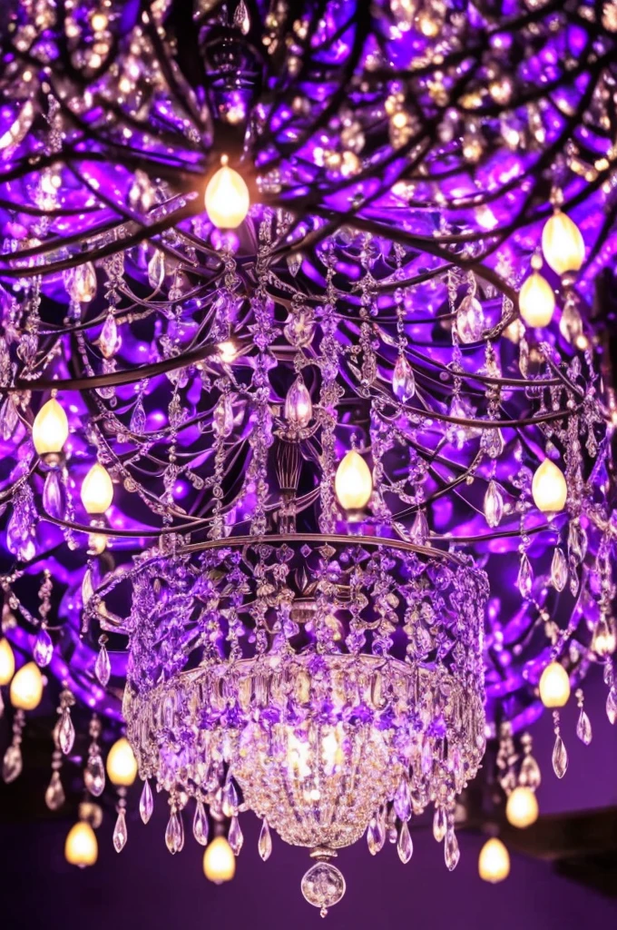 a close up of a chandelier with many purple lights, purple lights, cool purple lighting, moody lights!! intricate, glowing lights!! intricate, arabian nights inspired, blue and purle lighting, blue lights and purple lights, purple, extremely moody purple lighting, purple color lighting, beautiful lights, beautiful lit lamps, purple lighting, extremely beautiful lighting, beautiful lighting