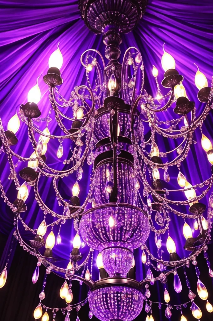 a close up of a chandelier with many purple lights, purple lights, cool purple lighting, moody lights!! intricate, glowing lights!! intricate, arabian nights inspired, blue and purle lighting, blue lights and purple lights, purple, extremely moody purple lighting, purple color lighting, beautiful lights, beautiful lit lamps, purple lighting, extremely beautiful lighting, beautiful lighting