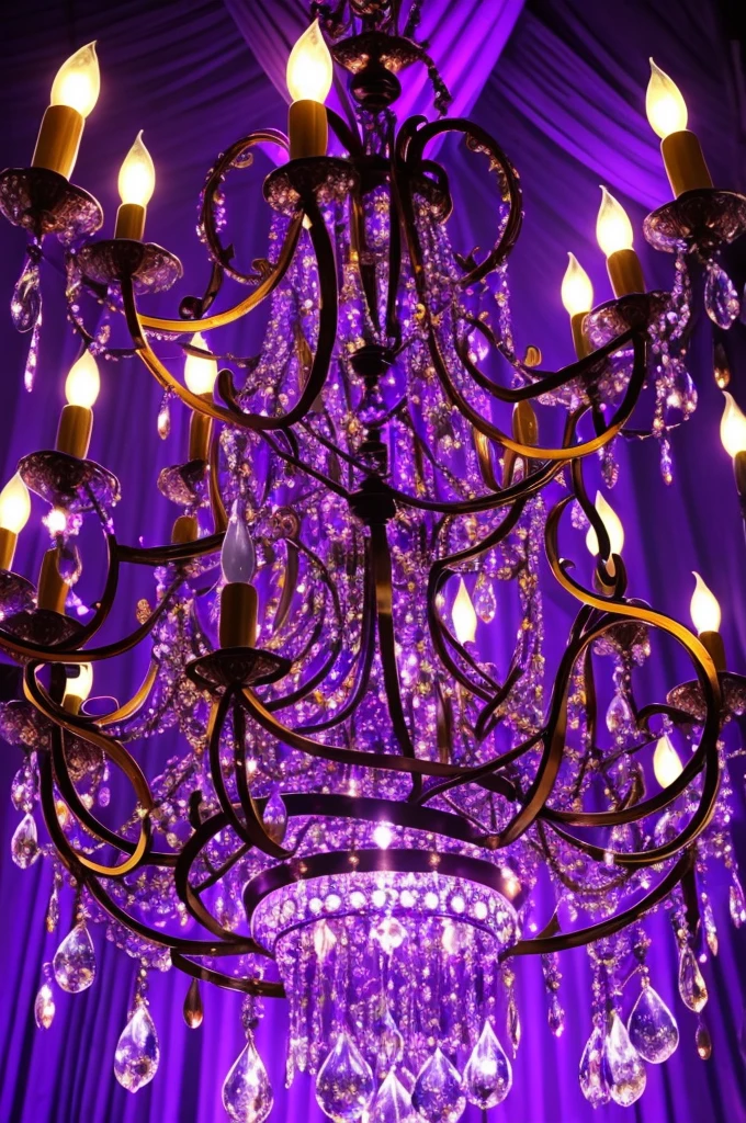 a close up of a chandelier with many purple lights, a digital rendering inspired by Osman Hamdi Bey, flickr, arabesque, purple lights, cool purple lighting, moody lights!! intricate, glowing lights!! intricate, arabian nights inspired, blue and purle lighting, blue lights and purple lights, purple, extremely moody purple lighting, purple color lighting, beautiful lights