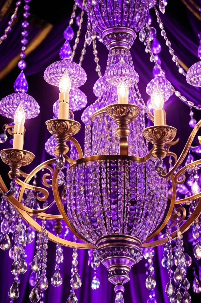 a close up of a chandelier with many purple lights, purple lights, cool purple lighting, moody lights!! intricate, glowing lights!! intricate, arabian nights inspired, blue and purle lighting, blue lights and purple lights, purple, extremely moody purple lighting, purple color lighting, beautiful lights, beautiful lit lamps, purple lighting, extremely beautiful lighting, beautiful lighting