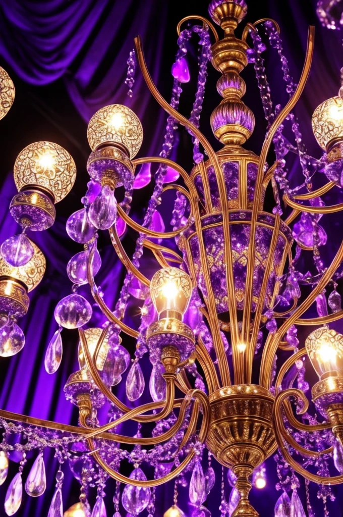 a close up of a chandelier with many purple lights, purple lights, cool purple lighting, moody lights!! intricate, glowing lights!! intricate, arabian nights inspired, blue and purle lighting, blue lights and purple lights, purple, extremely moody purple lighting, purple color lighting, beautiful lights, beautiful lit lamps, purple lighting, extremely beautiful lighting, beautiful lighting