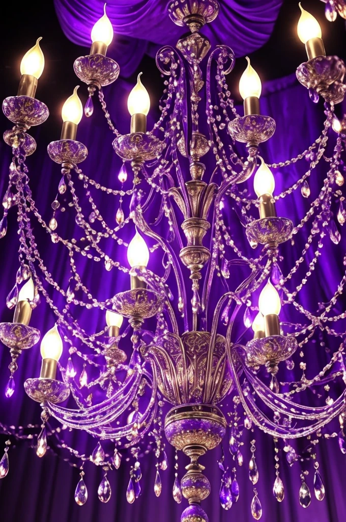 a close up of a chandelier with many purple lights, purple lights, cool purple lighting, moody lights!! intricate, glowing lights!! intricate, arabian nights inspired, blue and purle lighting, blue lights and purple lights, purple, extremely moody purple lighting, purple color lighting, beautiful lights, beautiful lit lamps, purple lighting, extremely beautiful lighting, beautiful lighting