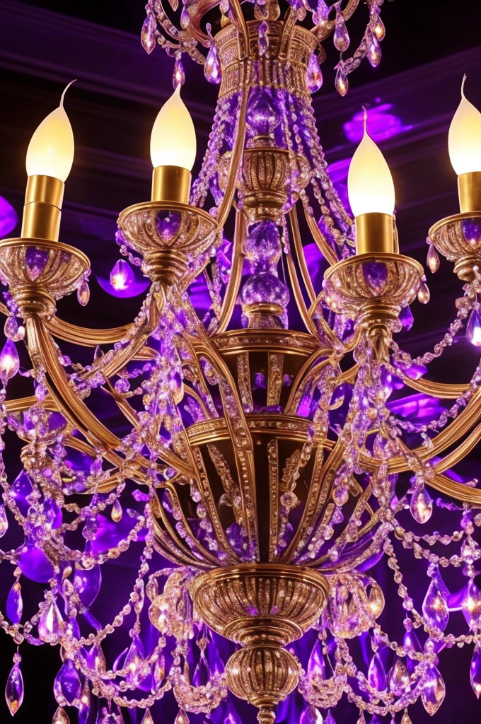 a close up of a chandelier with many purple lights, purple lights, cool purple lighting, moody lights!! intricate, glowing lights!! intricate, arabian nights inspired, blue and purle lighting, blue lights and purple lights, purple, extremely moody purple lighting, purple color lighting, beautiful lights, beautiful lit lamps, purple lighting, extremely beautiful lighting, beautiful lighting