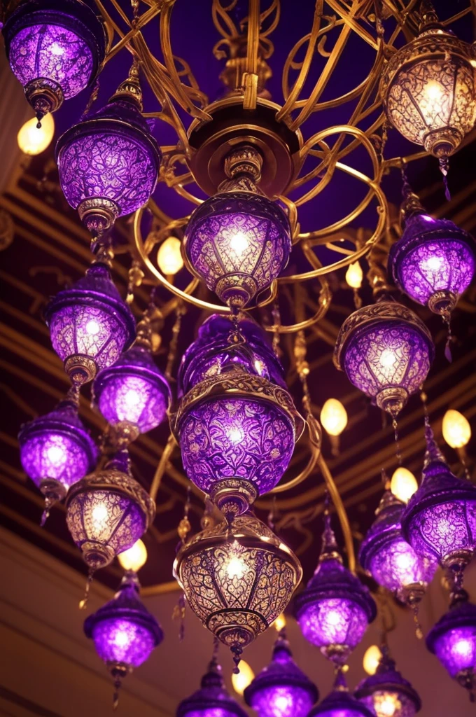 a close up of a chandelier with many purple lights, purple lights, cool purple lighting, moody lights!! intricate, glowing lights!! intricate, arabian nights inspired, blue and purle lighting, blue lights and purple lights, purple, extremely moody purple lighting, purple color lighting, beautiful lights, beautiful lit lamps, purple lighting, extremely beautiful lighting, beautiful lighting