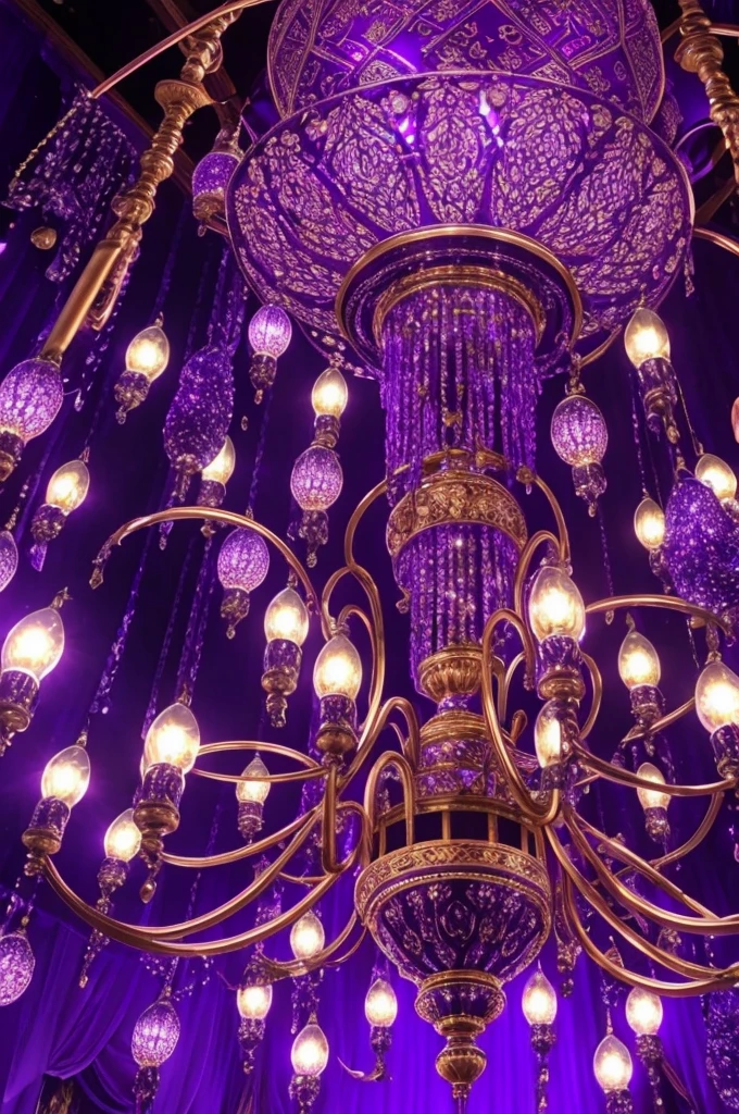 a close up of a chandelier with many purple lights, purple lights, cool purple lighting, moody lights!! intricate, glowing lights!! intricate, arabian nights inspired, blue and purle lighting, blue lights and purple lights, purple, extremely moody purple lighting, purple color lighting, beautiful lights, beautiful lit lamps, purple lighting, extremely beautiful lighting, beautiful lighting