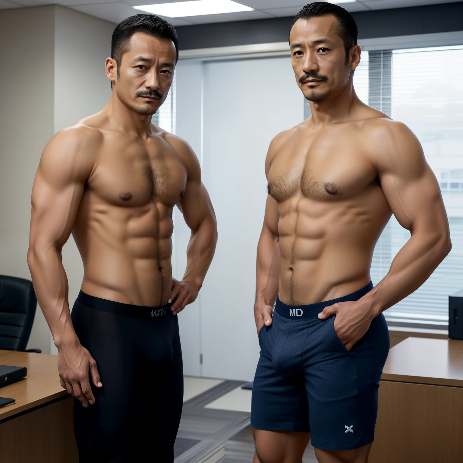 40 years old，Hidetoshi Nakata，（Kogoro Mori 1.3），Two skinny muscular men standing，office，whole body，Black socks，Thick body hair，Blue underwear，Topless，Densely hairy，Fortitude，HD，With a mustache，Polo Shirt